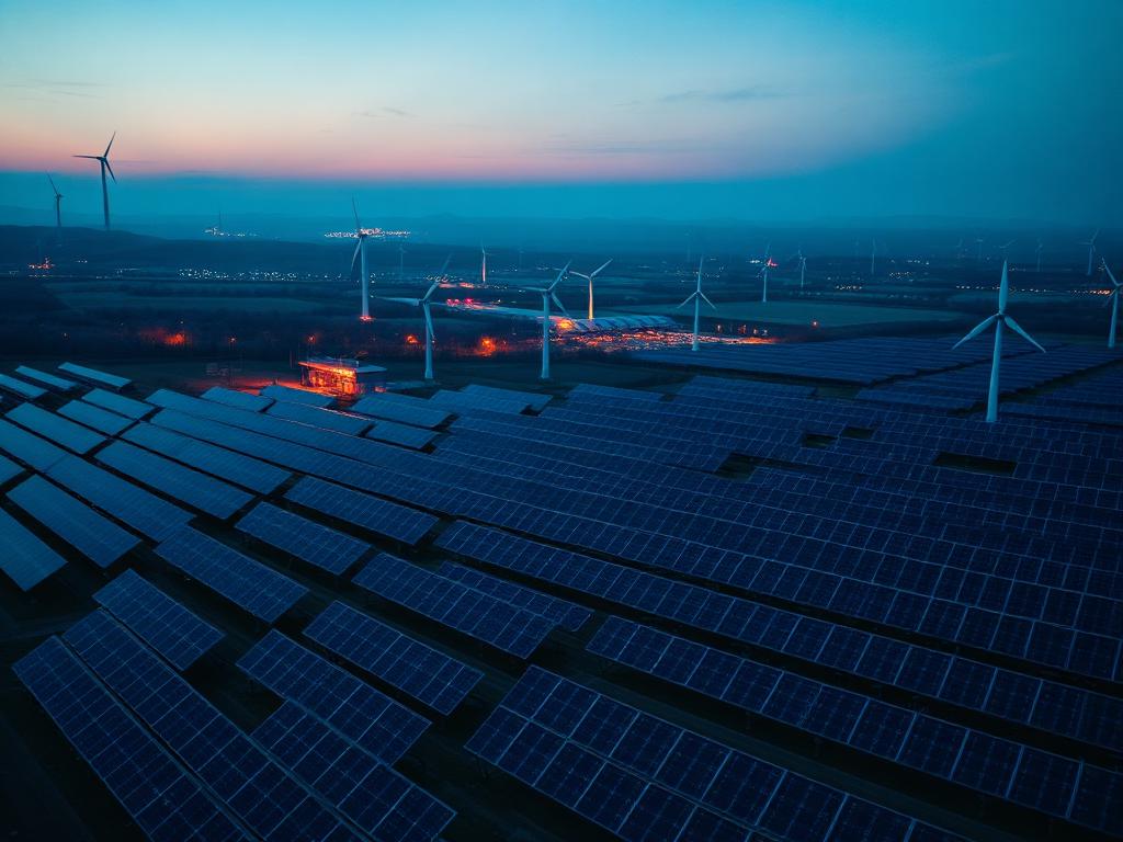 Usina solar e eólica ao entardecer
