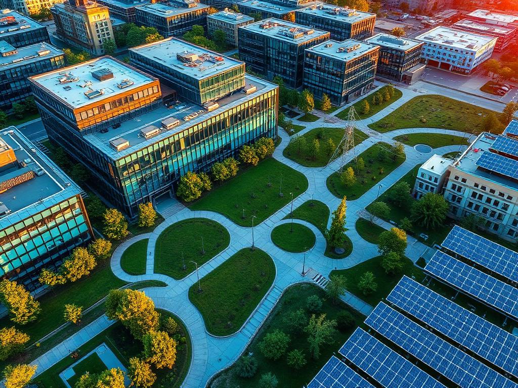 Parque tecnológico com edifícios modernos e áreas verdes
